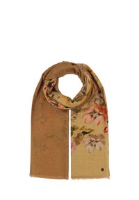Écharpe à motif floral dans des teintes brun doré, en tissu doux avec un léger éclat et des bords frangés pour ajouter de la texture.