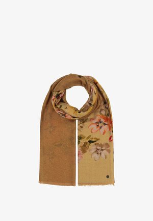 Virágmintás sál aranybarna árnyalatokban, puha anyagból, enyhe fényű, frufrus szélekkel a textúra érdekében.