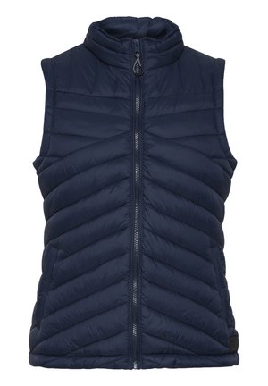 Vest puffer navy cu guler înalt, fermoar frontal și model cusut în formă de V. Fabricat din material ușor, izolat.