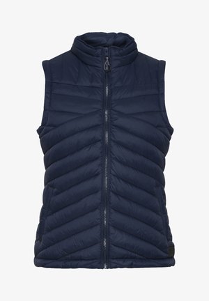 Doudoune sans manches marine avec col montant, fermeture éclair sur le devant et motif en chevrons. Fabriquée en matériau léger et isolé.