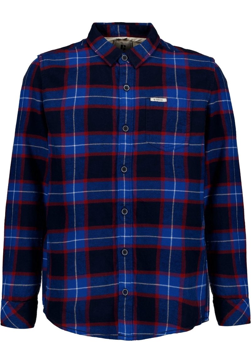 Kostkovaná košile v námořnické, červené a modré barvě. Zapínání na knoflíky s límečkem a kapsou. Měkká látka s hladkou strukturou a kontrastními vzory.