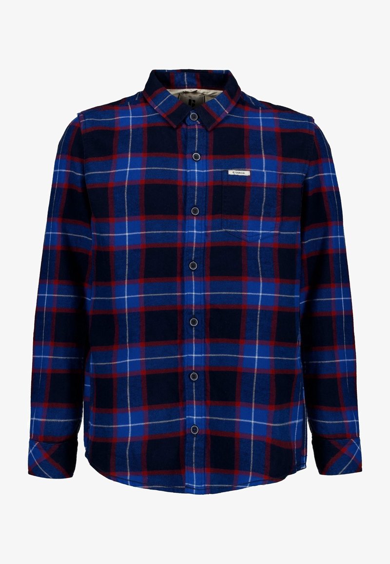 Camisa a cuadros en tonos navy, rojo y azul. Diseño de botones con cuello y un bolsillo. Tejido suave con una textura lisa y patrones contrastantes.