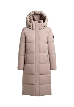 Dlouhý péřový kabát v světle béžové barvě, s kapucí, polstrovaným designem, dvěma bočními kapsami a předním zipem se snapshoty.