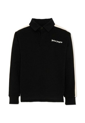 Czarna koszulka polo z długim rękawem, białymi paskami po bokach i białym logo "Palm Angels" na lewej piersi.