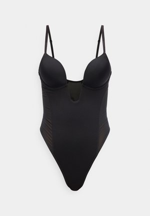 Svart heldrakt med polstrede kopper, justerbare skulderstropper og gjennomsiktige nettingpaneler på sidene, designet for en tettsittende silhuett.