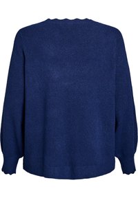 Blue knit sweater with a relaxed fit, featuring a scalloped neckline and long sleeves. Soft texture and ribbed hem detail.