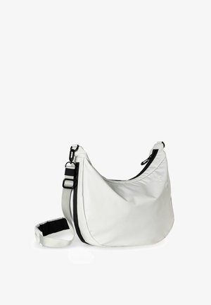 White shoulder bag made of smooth fabric, featuring a black zipper and adjustable strap. Curved shape with a minimalist design and logo detail.