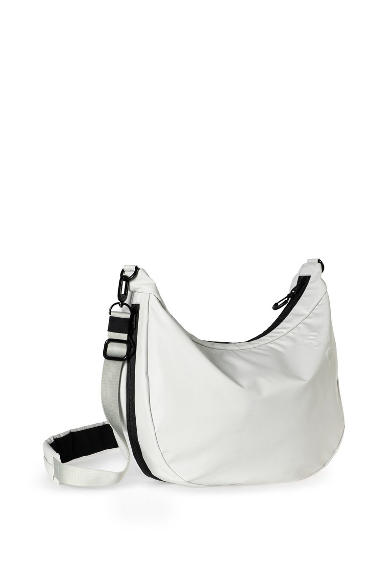 Weißer Schultertasche aus glattem Stoff, mit einem schwarzen Reißverschluss und verstellbarem Riemen. Kurvige Form mit minimalistischen Design und Logodetail.