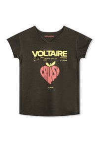 Tmavě olivově zelené cotton tričko s krátkými rukávy, zdobené žlutým a růžovým grafickým textem a designem jablka ve tvaru srdce.