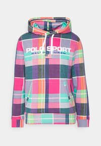 Sudadera con capucha que presenta un patrón de cuadros multicolores en rosa, verde y azul, con un bolsillo frontal y el texto "POLO SPORT" en blanco.