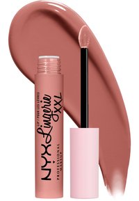 Płynna pomadka do ust NYX Lingerie XXL w delikatnym mauve, z matowym wykończeniem. Zawiera długi, czarny aplikator oraz różową, cylindryczną tubkę.