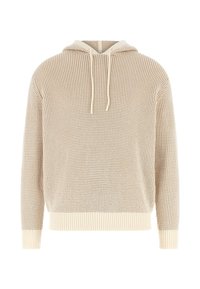 Felpa con cappuccio beige in maglia dal taglio ampio, motivo testurizzato, cappuccio con coulisse e polsini e orlo a coste. Materiale leggero per il massimo comfort.
