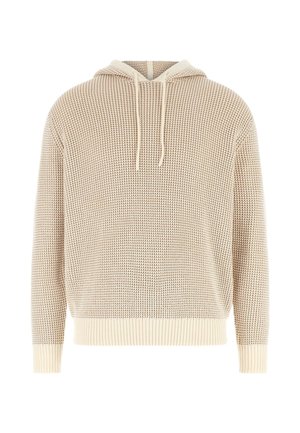 Beige Strick-Hoodie mit lockerer Passform, strukturiertem Muster, Kapuze mit Kordelzug sowie gerippten Bündchen und Saum. Leichtes Material für hohen Tragekomfort.
