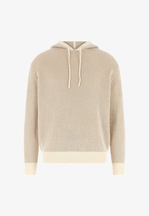 Beige knit hoodie with a loose fit, textured pattern, drawstring hood, and ribbed cuffs and hem. Lightweight material for comfort.