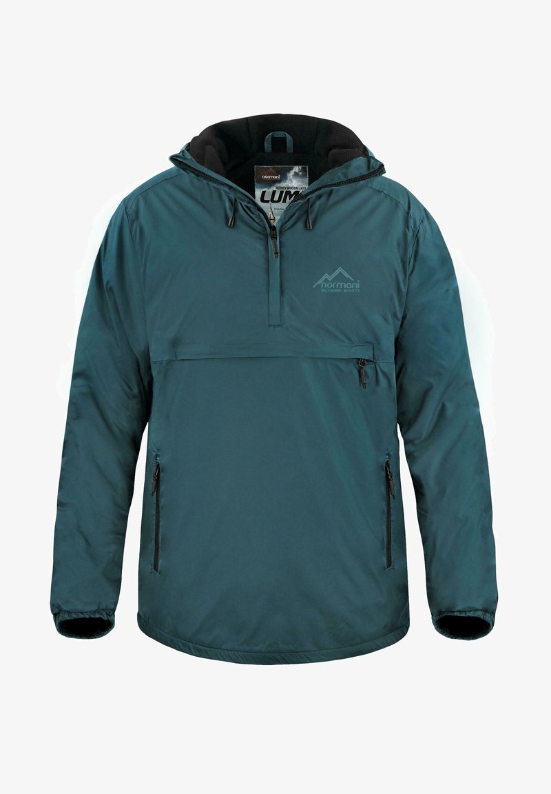 Türkiser Pullover-Jacke mit halbem Reißverschluss, schwarzem, fleecegefüttertem Kapuzenkragen, einer Fronttasche und zwei seitlichen Reißverschlusstaschen. Mit einem Logo auf der Brust.