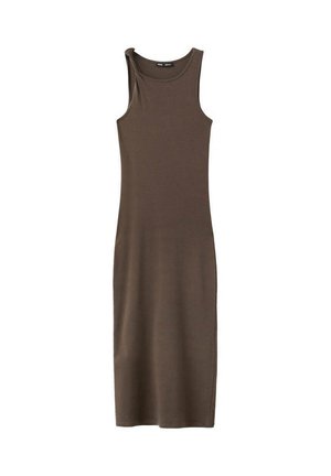Robe midi sans manches, cintrée, de couleur marron foncé uni avec un col rond, fabriquée en tissu lisse, présentée sur fond blanc.