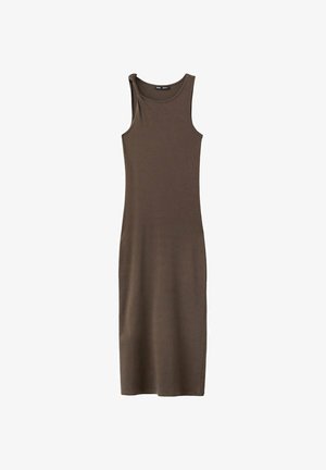 Robe midi sans manches, cintrée, de couleur marron foncé uni avec un col rond, fabriquée en tissu lisse, présentée sur fond blanc.
