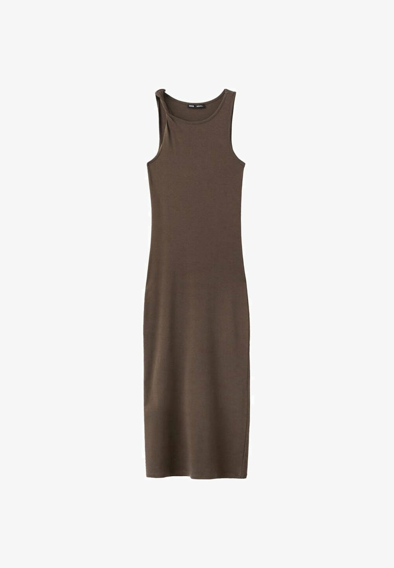 Robe midi sans manches, cintrée, de couleur marron foncé uni avec un col rond, fabriquée en tissu lisse, présentée sur fond blanc.