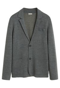 Šedý kardiganový blazer z měkké pleteniny, s klopovým límcem, dvěma předními kapsami a zapínáním na jeden knoflík.