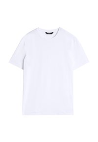 Hvid T-shirt med korte ærmer lavet af bomuld, med rund halsudskæring, enkelt design og en glat, ensartet tekstur uden mønstre eller detaljer.