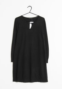 Abito nero a maniche lunghe con scollatura a occhiello, appeso a un gancio nero. Realizzato in tessuto morbido con una vestibilità comoda e design di lunghezza media.