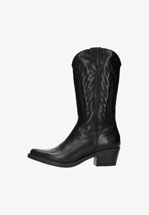 Schwarzer Cowboy-Stiefel aus Leder mit spitzer Spitze, erhöhter Zickzacknaht am Schaft und niedrigem Blockabsatz. Enthält vertikale Aussparungen.