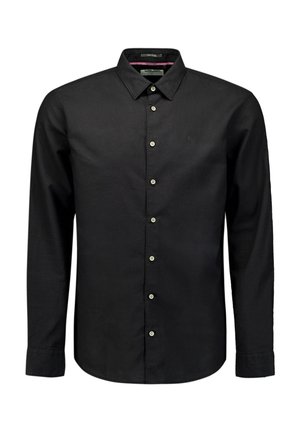 Zwarte lange-mouwen overhemd met knopen. Beschikt over een klassieke kraag, voorkant met knoopsluiting en een klein logo op de borst. Gladde stoftextuur.