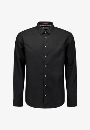 Zwarte lange-mouwen overhemd met knopen. Beschikt over een klassieke kraag, voorkant met knoopsluiting en een klein logo op de borst. Gladde stoftextuur.