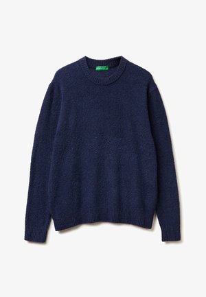 Marineblauer Pullover aus strukturiertem Stoff; besitzt einen Rundhalsausschnitt, lange Ärmel sowie gerippte Bündchen und Saum. Weicher, warmer Look.