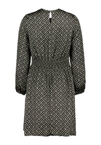 Schwarzes Kleid mit einem strukturierten Muster aus cremefarbenen Rauten, langen Ärmeln, elastischem Bund und einem Schlüssel-Ausschnitt auf der Rückseite. Glatte Stoffoberfläche.