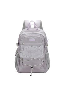 Zaino di tessuto lilla con molteplici scomparti con cerniera, tasche laterali in rete, un design con cordino elastico sulla parte anteriore e spallacci imbottiti.