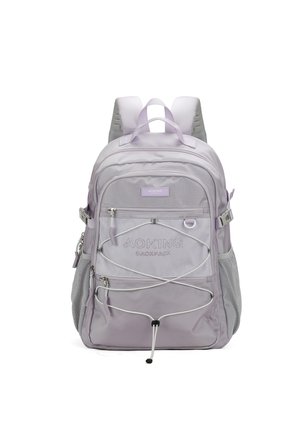 Lilac fabric backpack with multiple zippered compartments, mesh side pockets, a bungee cord design on the front, and padded shoulder straps.