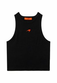 Svart stickad linne med ribbat mönster. Har en liten, orange Nike swoosh-logotyp på framsidan och en rund halsringning.