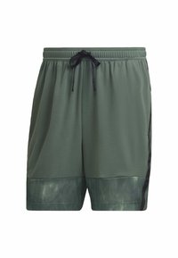 Gröna sportshorts med svart dragsko, svarta sidostreck och en något mörkare grön tygpanel på underbenen.