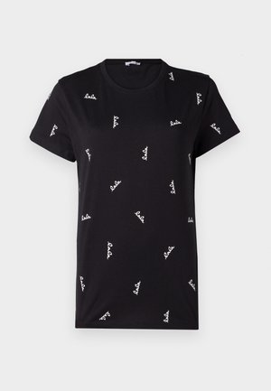 Juodas marškinėliai su išsidėsčiusiu baltu "lala" siuvinėjimu, trumpomis rankovėmis, apvalia apykakle ir minkšta, lengva medvilne.