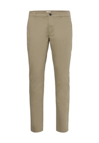 Beige cotton chinos with a slim fit, flat front design, button closure, and standard pockets. Smooth texture and straight leg shape.