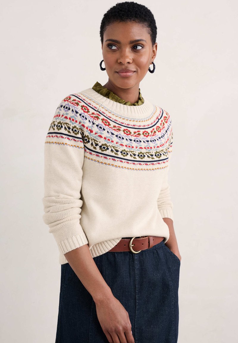 Jersey de punto color crema con patrones geométricos coloridos a lo largo del pecho, puños y dobladillo acanalados; combinado con una blusa verde con cuello y una falda de mezclilla oscura.
