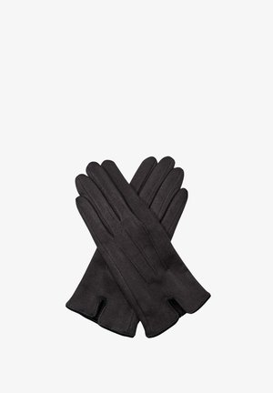 Guanti neri in tessuto morbido, con design classico con cuciture orizzontali e polsini aperti per facilità di indossamento.