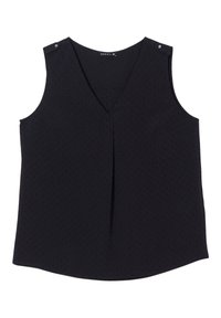 Top nero senza maniche con scollatura a V, caratterizzato da due bottoni a pressione sulle spalle e leggere texture. Orlo curvo.