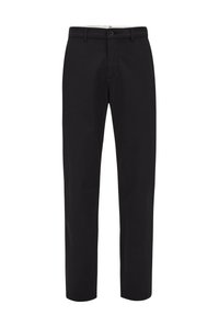 Pantaloni neri a gamba dritta con chiusura a bottone, passanti per la cintura e tasche laterali, mostrati su uno sfondo bianco.