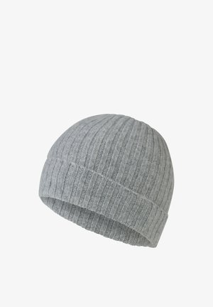 Bonnet en tricot côtelé gris clair avec revers, conçu pour offrir chaleur et confort.