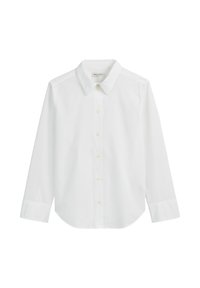 Camicia bianca a maniche lunghe con bottoni, realizzata in cotone. Presenta un colletto a punta, bottoni frontali e orlo arrotondato nella parte inferiore.