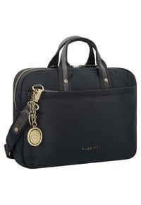 Maletín rectangular negro de Bugatti con asas dobles, bolsillo frontal con cremallera y llavero en tono dorado adjunto a la correa del hombro.