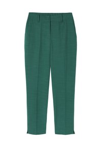 Groene op maat gemaakte broek met een soepele textuur, voorzien van zijplooien, een recht beenontwerp en kleine splitten aan de enkelzoom.