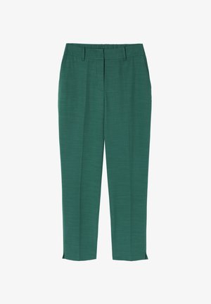 Groene op maat gemaakte broek met een soepele textuur, voorzien van zijplooien, een recht beenontwerp en kleine splitten aan de enkelzoom.
