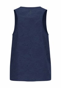 Marineblauwe mouwloze tanktop met een subtiele textuurpatroon en een ronde halslijn. Kenmerkt zich door een rechte zoom en een gladde stof.
