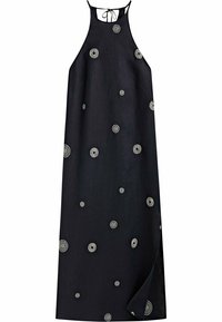 Robe en lin noir à col licou avec broderies circulaires blanches, coupe décontractée et fente latérale pour faciliter les mouvements. Nouée au niveau du cou.