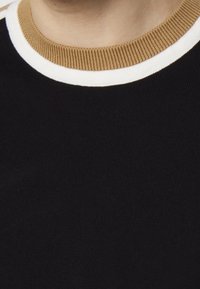 Pull en maille noire avec un col côtelé marron et blanc. La texture est lisse avec une coupe ajustée, mettant en valeur l'encolure.