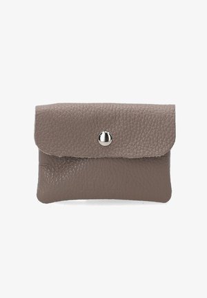 Gray leather cardholder with a textured finish, fold-over flap, and a silver snap closure. Compact rectangular shape with minimal design.