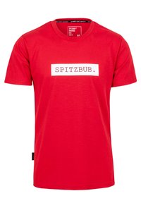 Rotes Baumwoll-T-Shirt mit einem weißen rechteckigen Grafikaufdruck mit dem Text "SPITZBUB." auf der Vorderseite. Kurze Ärmel und ein Rundhalsausschnitt.